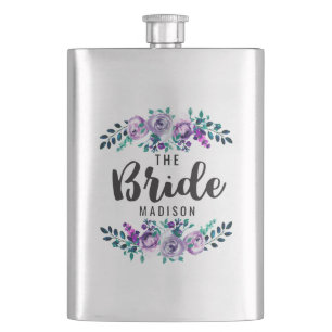 Mint & Purple Floral Wreath Wedding Bride Hip Flask
