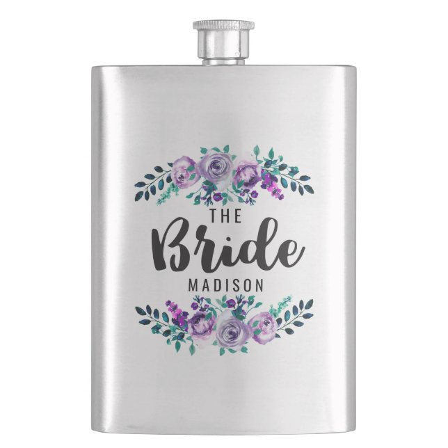 Mint & Purple Floral Wreath Wedding Bride Hip Flask (Front)