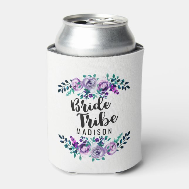 Mint & Purple Floral Wreath Wedding Bride Tribe Can Cooler (Can Front)