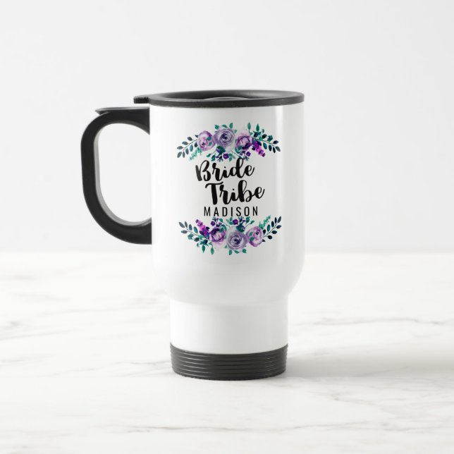 Mint & Purple Floral Wreath Wedding Bride Tribe Travel Mug (Left)
