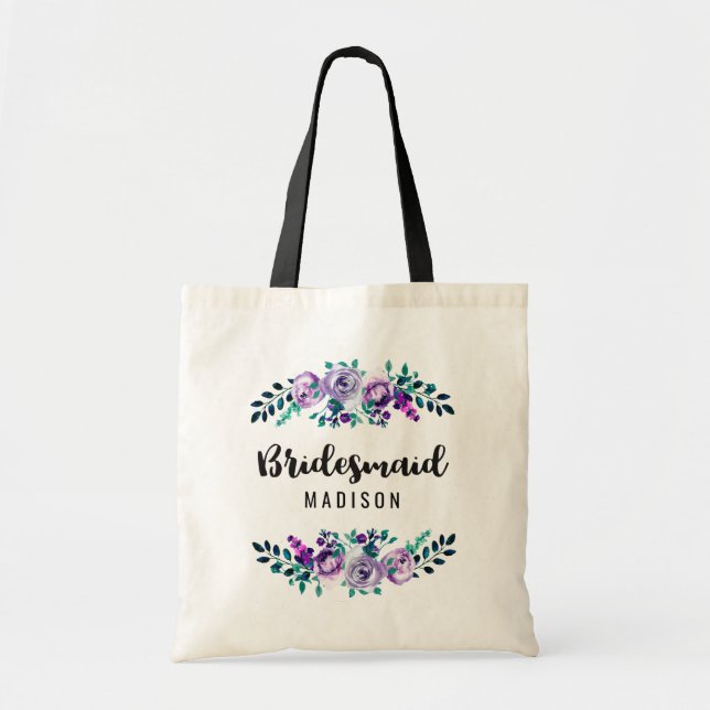Mint & Purple Floral Wreath Wedding Bridesmaid Tote Bag (Front)