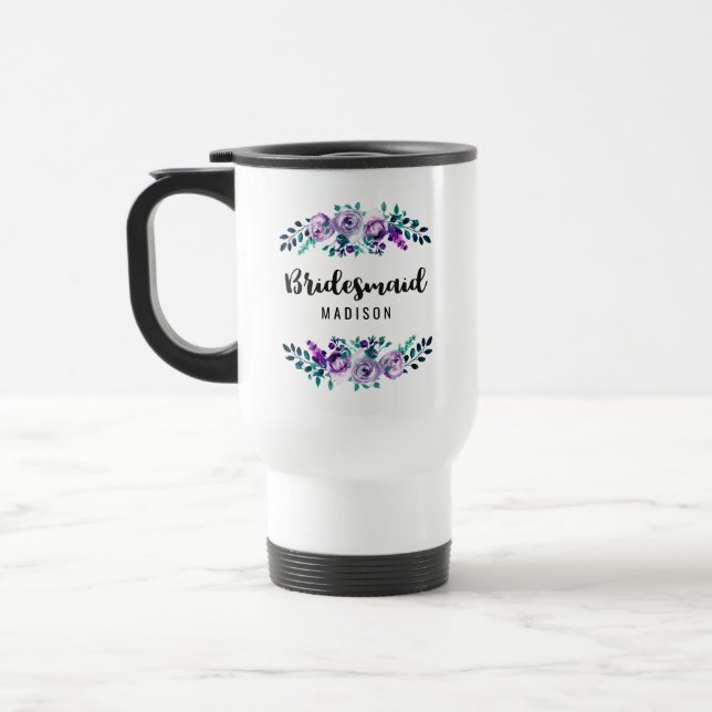 Mint & Purple Floral Wreath Wedding Bridesmaid Travel Mug (Left)