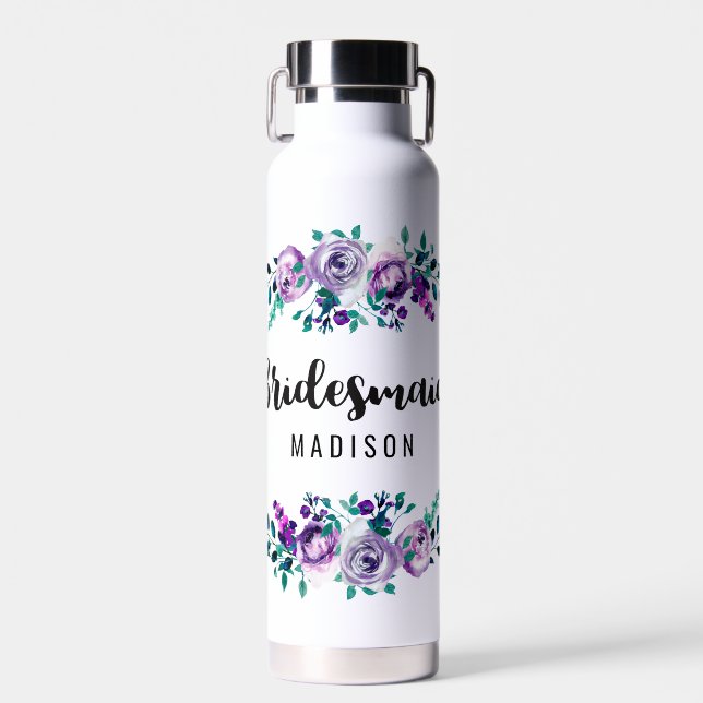Mint & Purple Floral Wreath Wedding Bridesmaid Water Bottle (Front)