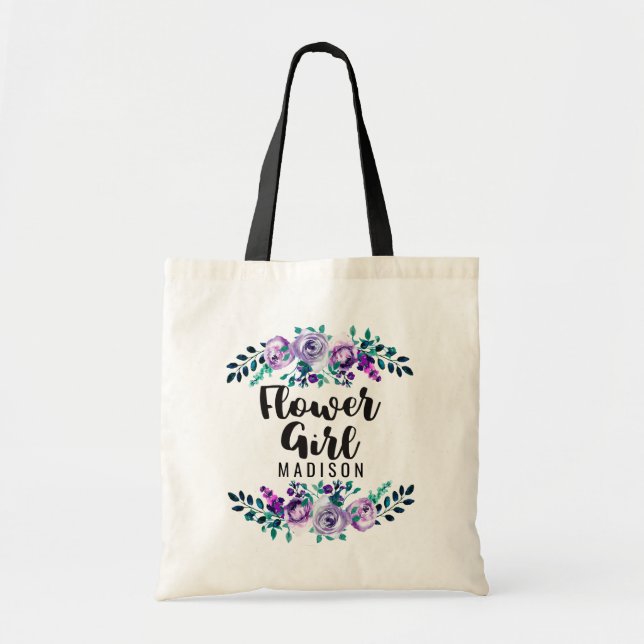 Mint & Purple Floral Wreath Wedding Flower Girl Tote Bag (Front)