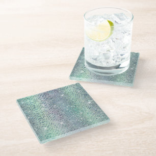 Mint Purple Glitzy Snake Print Glass Coaster
