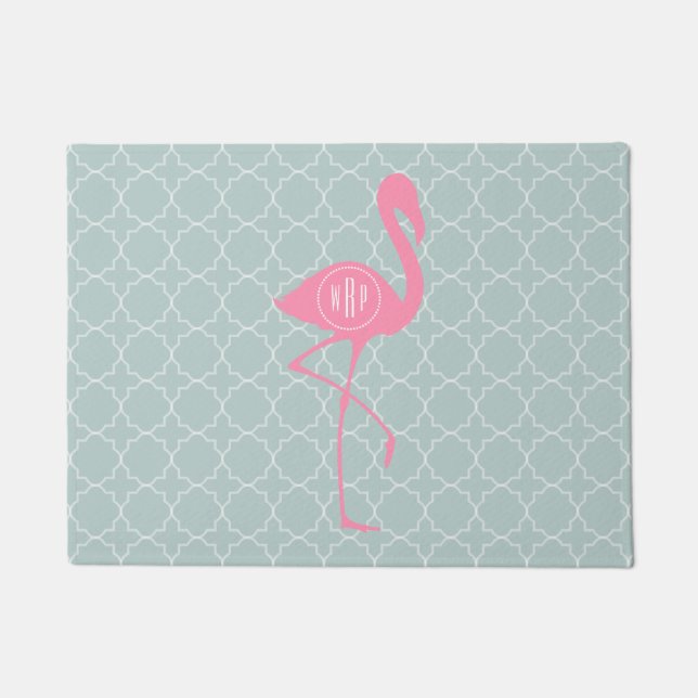 Mint Quatrefoil Monogram Flamingo Doormat (Front)