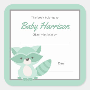 Mint Racoon Baby Shower Bookplate, neutral Square Sticker