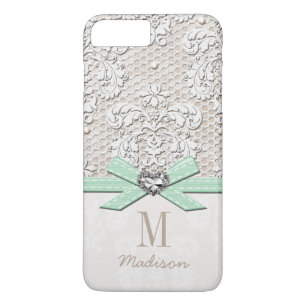 Mint Rhinestone Look Printed Lace and Bow Heart iPhone 8 Plus/7 Plus Case