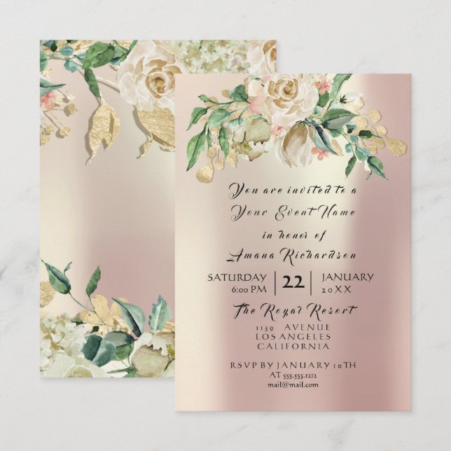 Mint Rose Champaigne Gold Floral Watercolor Pearl Invitation (Front/Back)