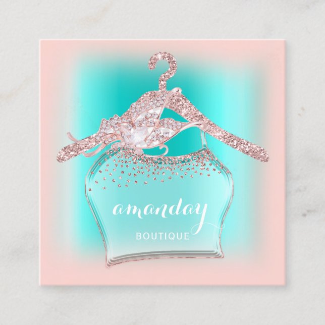 Mint Rose Diamond Glitter Cloth Hanger Fashion Square Business Card (Front)