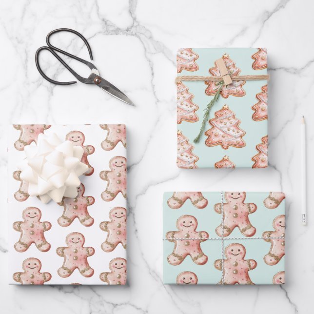 Mint Rose Gold Gingerbread Cookie Christmas Trees Wrapping Paper Sheet (Front)