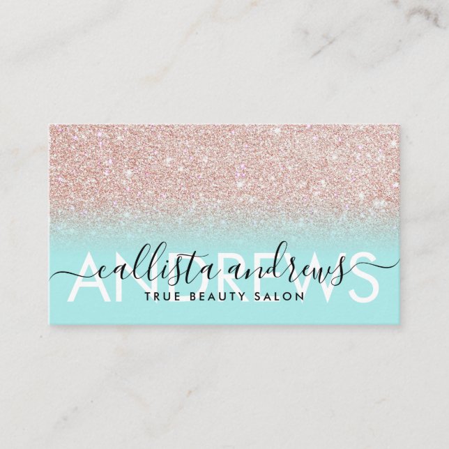 Mint Rose Gold Glitter Ombre Makeup Hair Salon Business Card (Front)