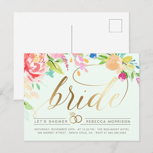Mint | Roses & Gold Diamond Ring Bridal Shower Invitation Postcard (Front/Back)