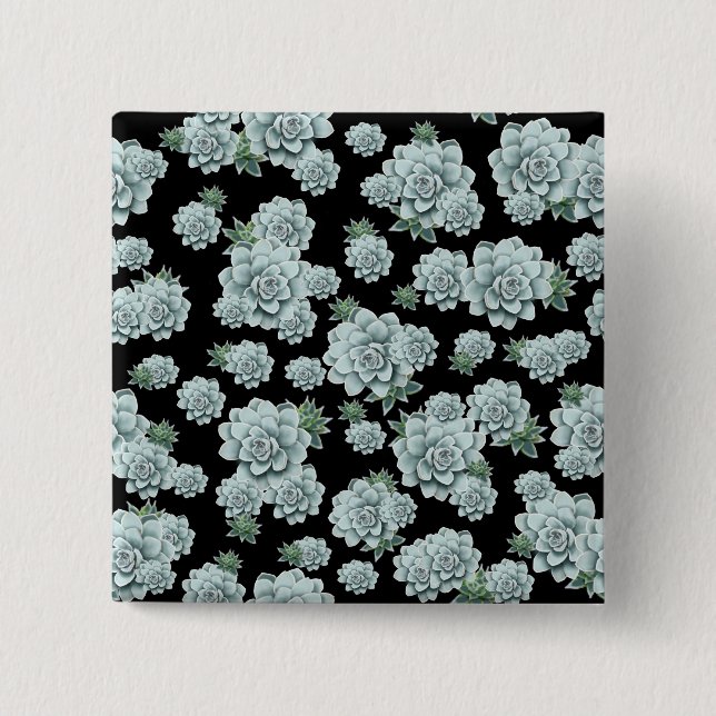 Mint Rosette Succulents Repeat Print on Black 15 Cm Square Badge (Front)