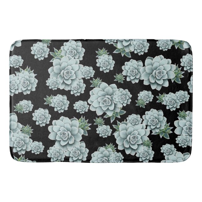 Mint Rosette Succulents Repeat Print on Black Bath Mat (Front)