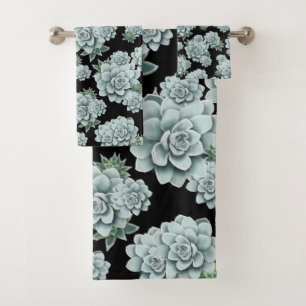 Mint Rosette Succulents Repeat Print on Black Bath Towel Set