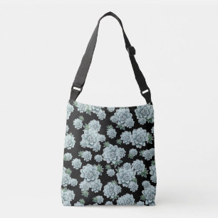 Mint Rosette Succulents Repeat Print on Black Crossbody Bag