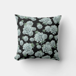 Mint Rosette Succulents Repeat Print on Black Cushion