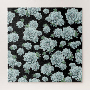 Mint Rosette Succulents Repeat Print on Black Jigsaw Puzzle