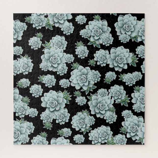 Mint Rosette Succulents Repeat Print on Black Jigsaw Puzzle (Vertical)