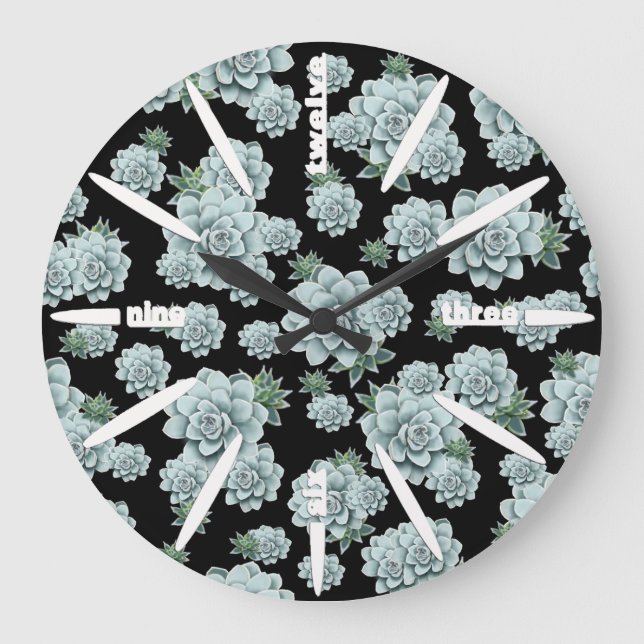Mint Rosette Succulents Repeat Print on Black Large Clock (Front)
