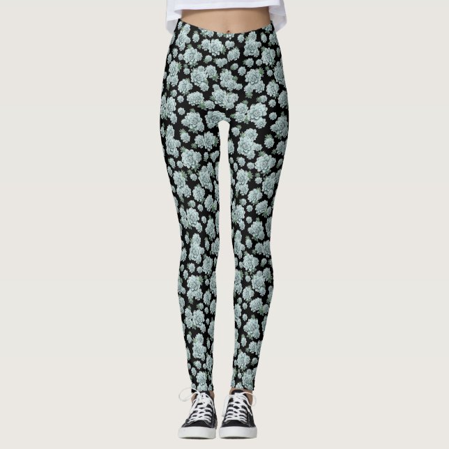 Mint Rosette Succulents Repeat Print on Black Leggings (Front)