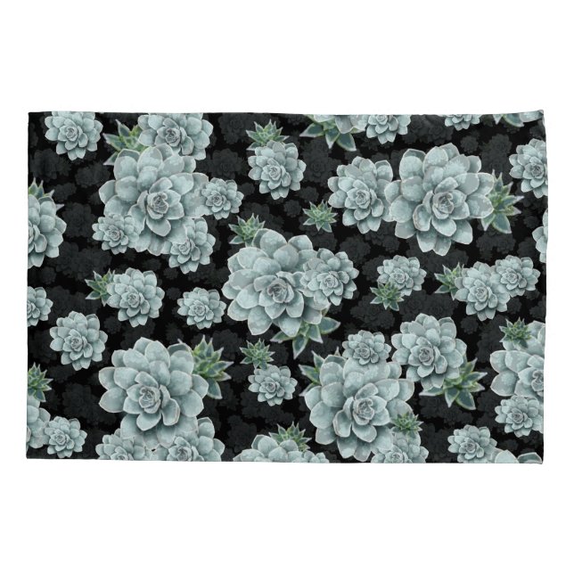 Mint Rosette Succulents Repeat Print on Black Pillowcase (Back)