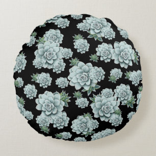 Mint Rosette Succulents Repeat Print on Black Round Cushion