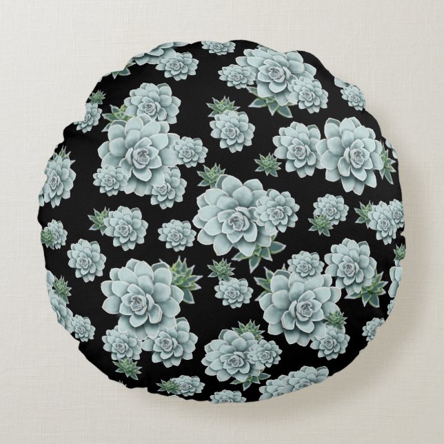 Mint Rosette Succulents Repeat Print on Black Round Cushion (Front)