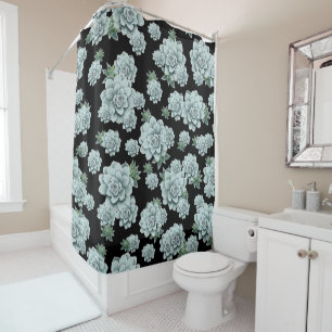 Mint Rosette Succulents Repeat Print on Black Shower Curtain