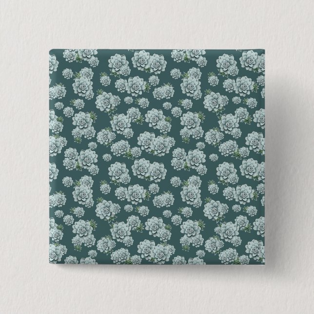 Mint Rosette Succulents Repeat Print on Pine Green 15 Cm Square Badge (Front)