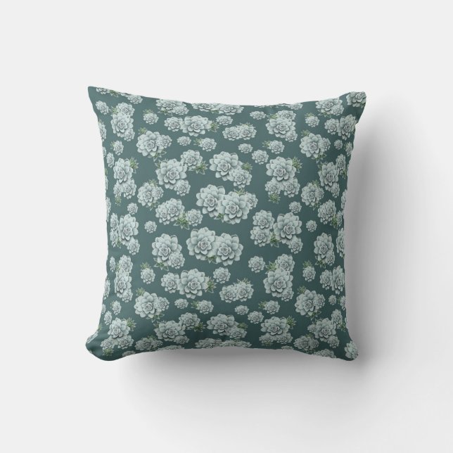 Mint Rosette Succulents Repeat Print on Pine Green Cushion (Front)