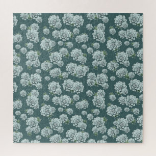 Mint Rosette Succulents Repeat Print on Pine Green Jigsaw Puzzle