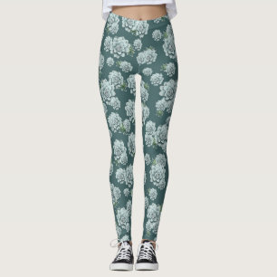 Mint Rosette Succulents Repeat Print on Pine Green Leggings