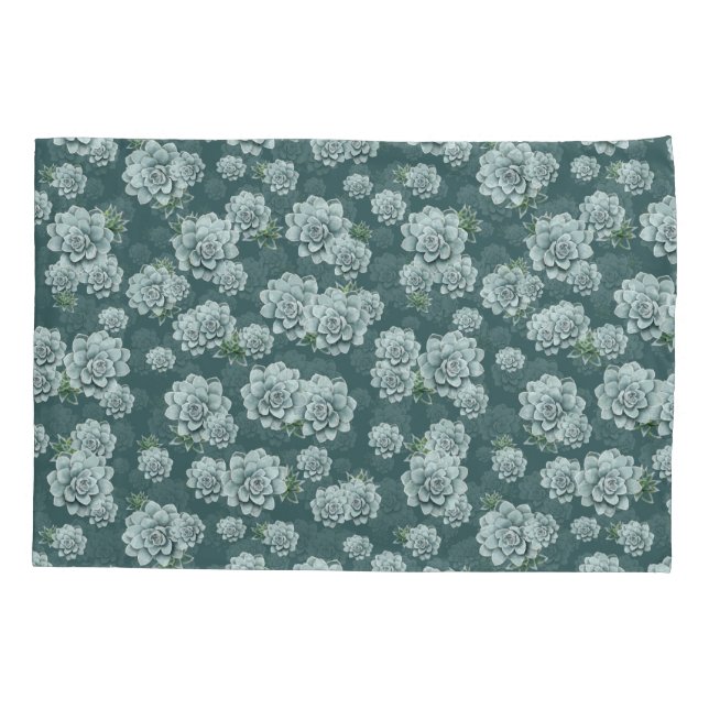 Mint Rosette Succulents Repeat Print on Pine Green Pillowcase (Back)