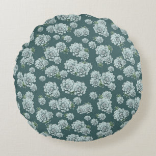 Mint Rosette Succulents Repeat Print on Pine Green Round Cushion