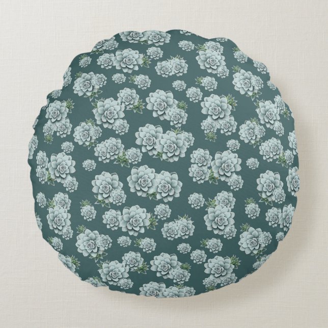 Mint Rosette Succulents Repeat Print on Pine Green Round Cushion (Front)