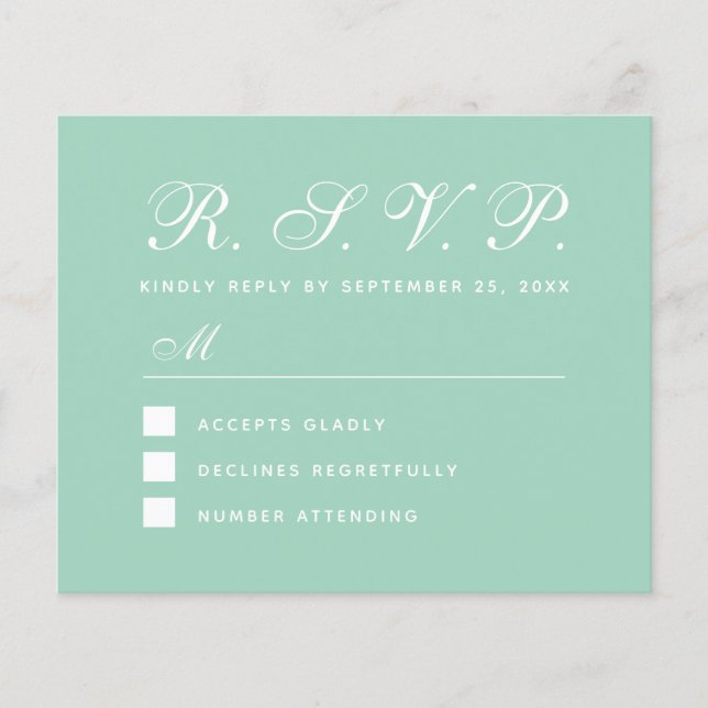 Mint RSVP Budget Green White Wedding Response Card (Front)
