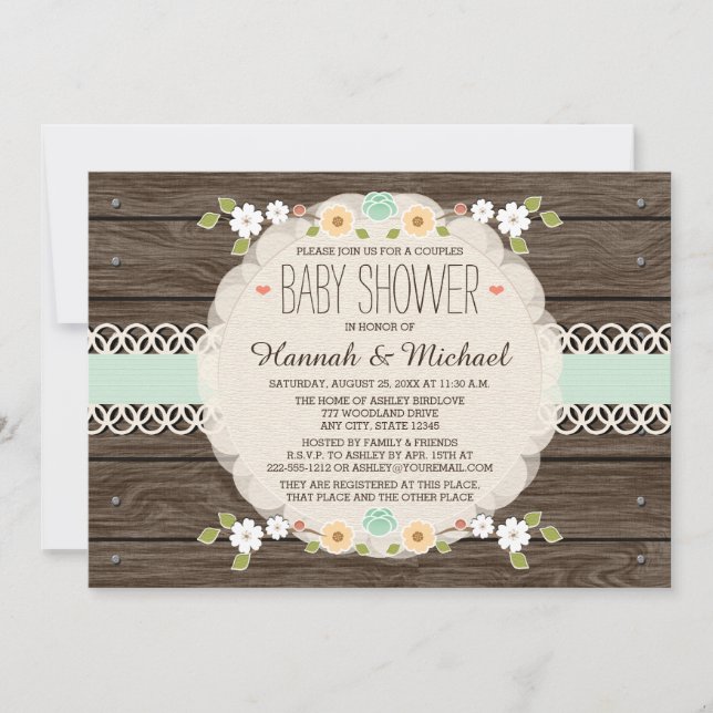 MINT RUSTIC FLORAL BOHO COUPLES BABY SHOWER INVITE (Front)
