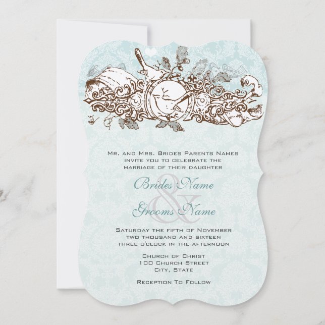 Mint Rustic Forest Birds Oak Tree Scroll Wedding Invitation (Back)