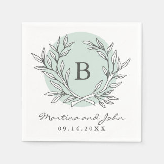 Mint Rustic Monogram Wreath Paper Cocktail Napkin