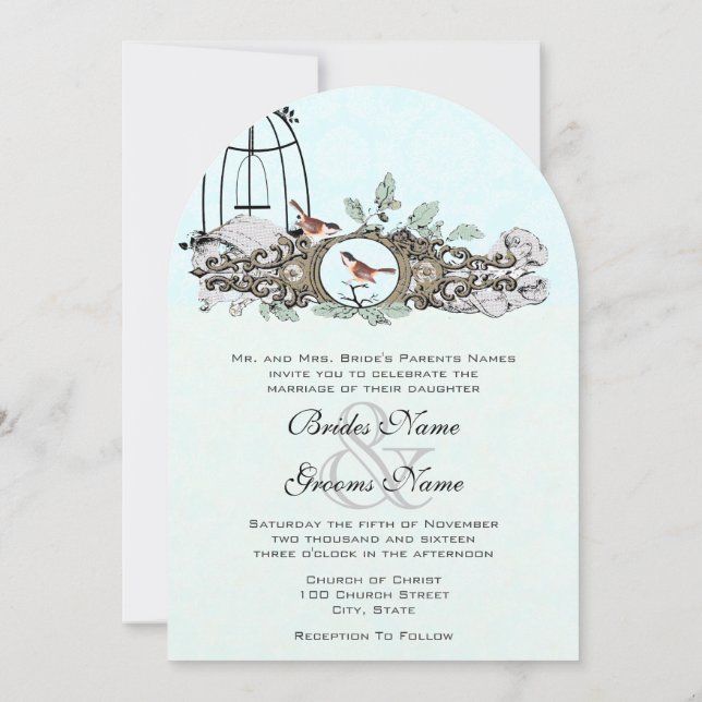 Mint Rustic Romantic Love Bird Birdcage Oak Tree Invitation (Back)