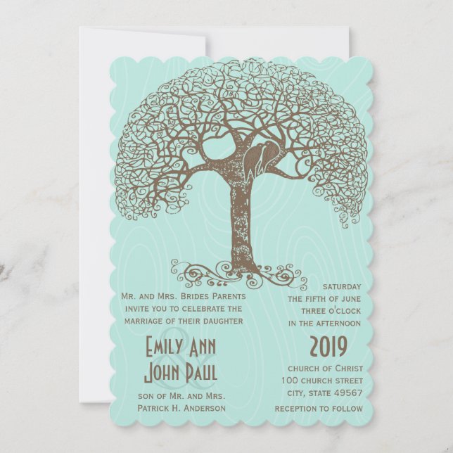 Mint Rustic Romantic Love Bird Swirly Tree Invitation (Front)