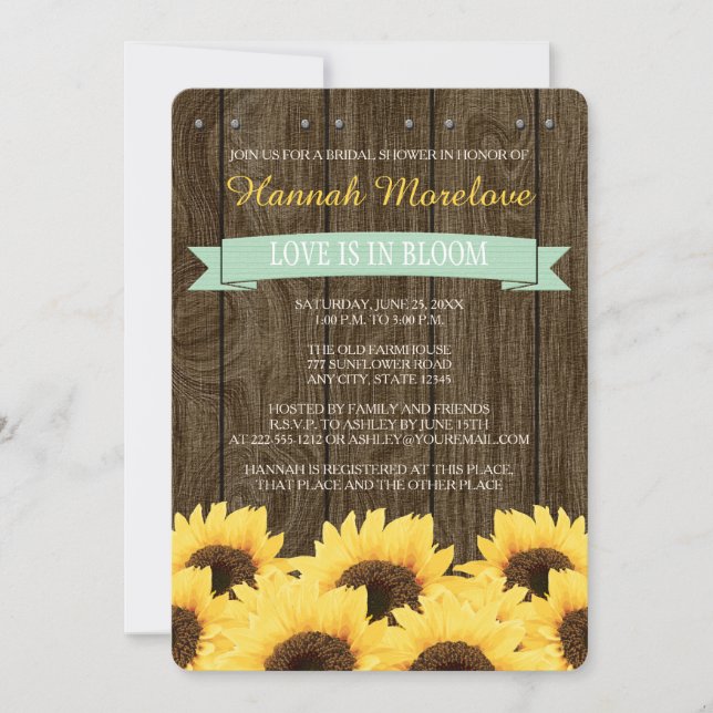 MINT RUSTIC SUNFLOWER BRIDAL SHOWER INVITATION (Front)