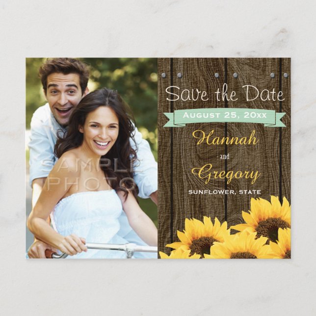 MINT RUSTIC SUNFLOWER SAVE THE DATE POSTCARD (Front)