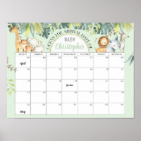 Mint safari cute jungle baby shower calendar game