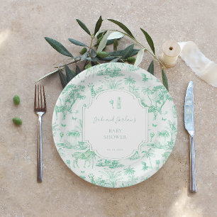 Mint Safari Toile de Jouy Baby Shower Paper Plate