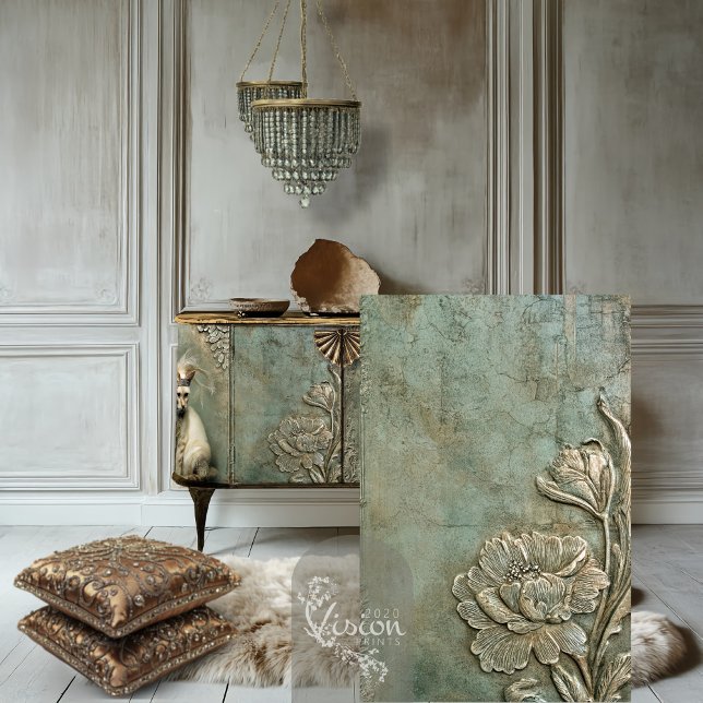 Mint Sage Allure Nouveau Floral Patina Tissue Paper (Art Deco Embossed effect Peony, Roaring 20's Decoupage Tissue paper.)