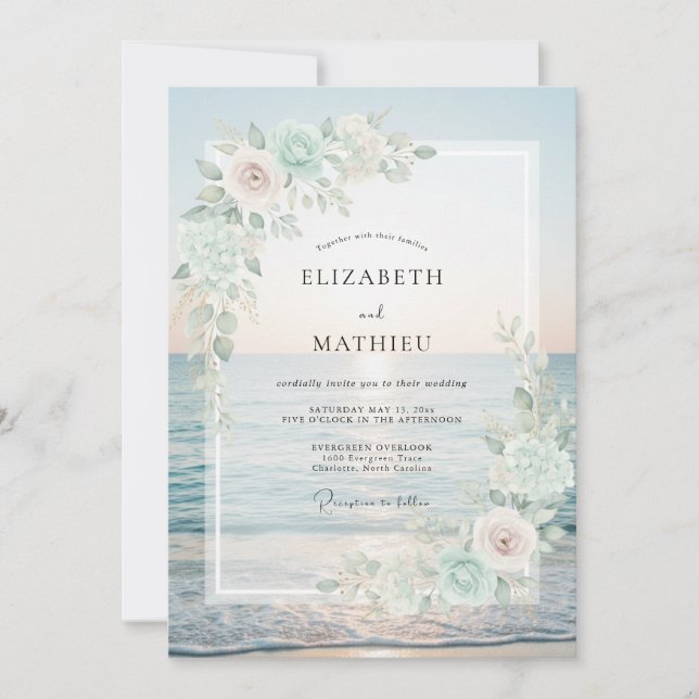 Mint Sandy Leafy Wedding Invitation (Front)