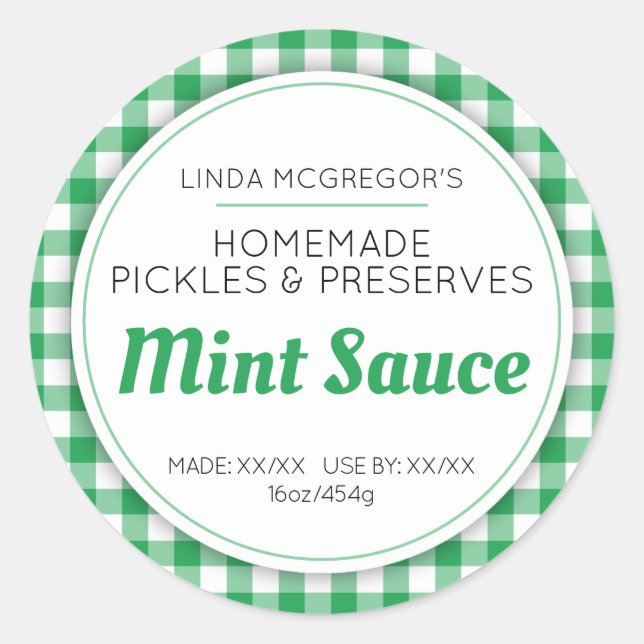 Mint sauce green white gingham jar food label (Front)